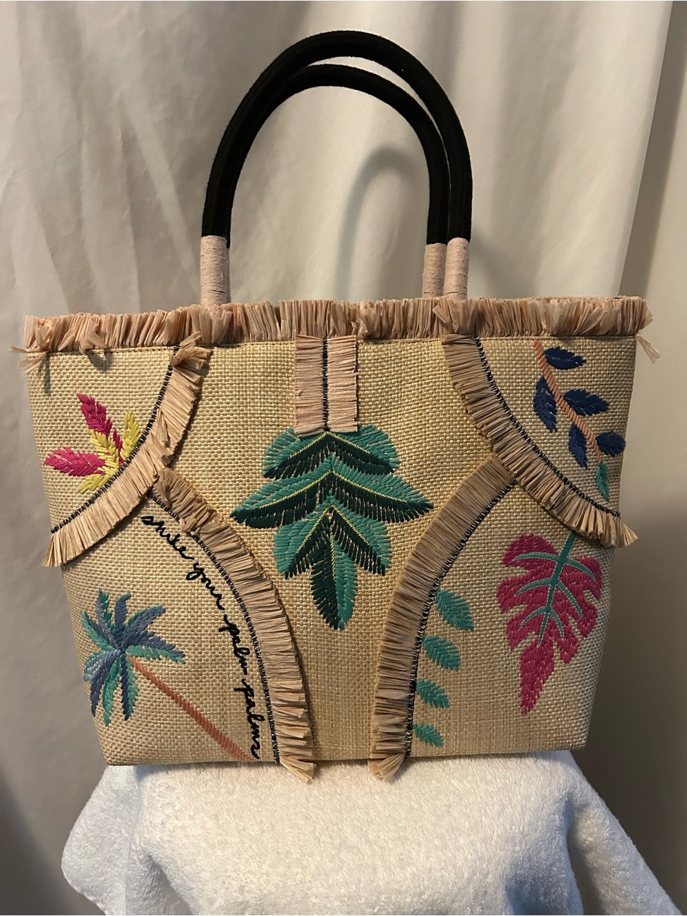 Woven Straw Tote with Tropical Embroidery - Beige